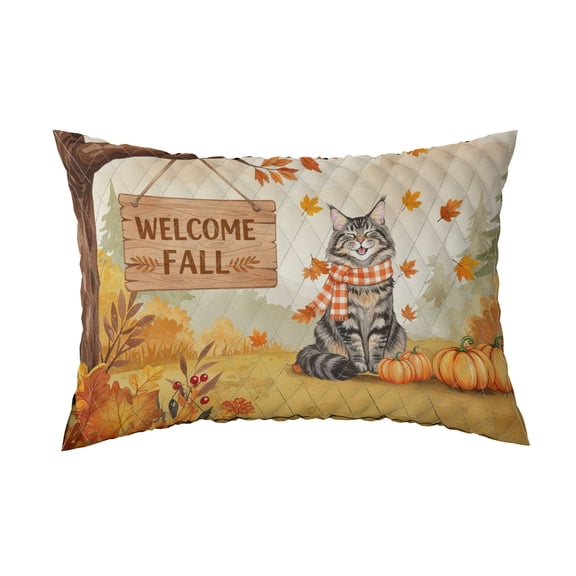 Welcome Fall Maine Coon Cozy Autumn Field Pumpkins Golden Leaves Quilt Pillowcase Cat Lover Kitten Owner Gifts Throw Pillow Cover Bed Home Decor - 12013
