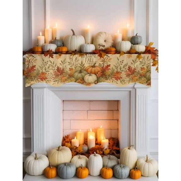 Welcome Fall Mantel Scarf for Fireplace 70 x 17 inches Rustic Farmhouse Harvest Pumpkins Bird Leaves Beige Fireplace Mantle Scarf Cover Autumn Mantel Top Runner for Home Festive Party Supplies