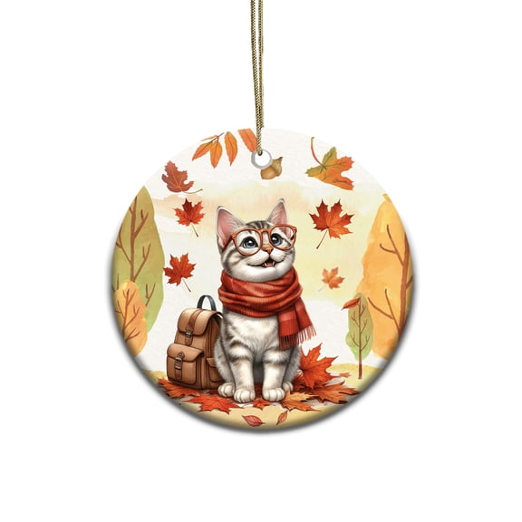 Welcome Fall Manx Enjoys School Time Autumn Fall Leaves Ceramic Round Ornament Cat Lover Kitten Owner Gifts Home Tree Decor - 02013