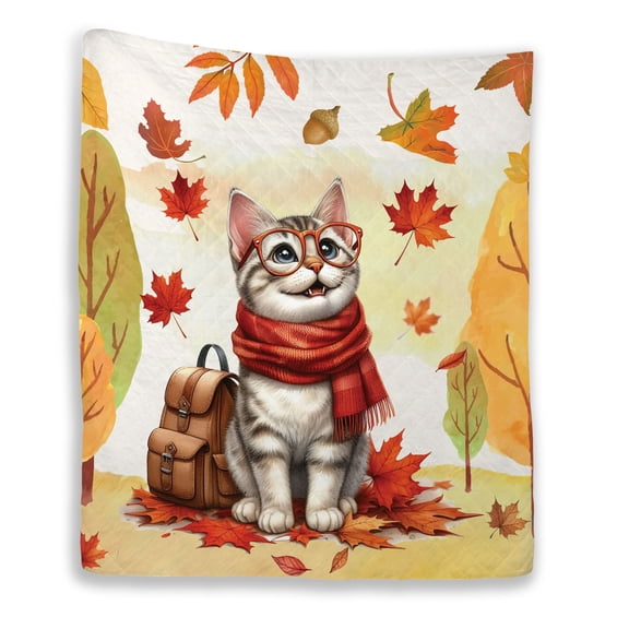 Welcome Fall Manx Enjoys School Time Autumn Fall Leaves Quilt Blanket Cat Lover Kitten Owner Gifts Cozy Comforter Throw Blanket - 02013