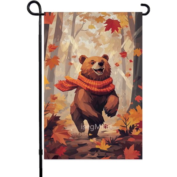 Welcome Fall Maple Leaves Bear Garden Flag 12x18 Inch Double Sided, Seasonal Autumn Rustic Yard Outdoor Decoration (6311)