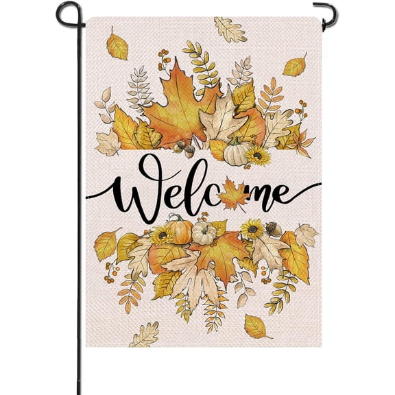 Welcome Fall Maple Leaves Small Decorative Garden Flag, Autumn Pumpkin Sunflower Rustic Yard Lawn Outside Decor, Thanksgiving Seasonal Farmhouse Outdoor Home Decoration Double Sided 12 x 18