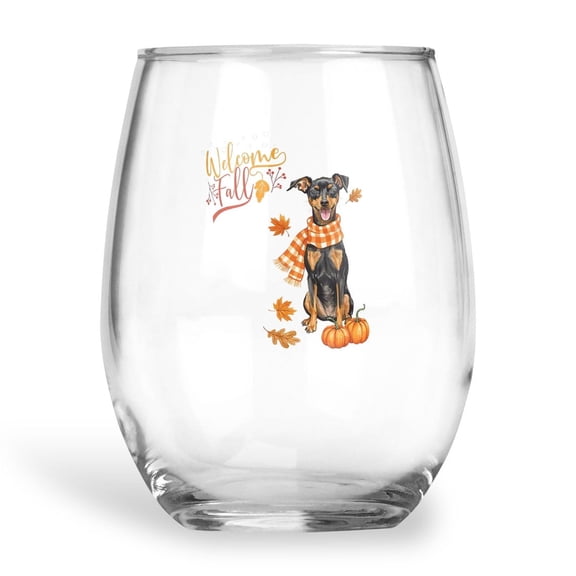 Welcome Fall Miniature Pinscher Cozy Autumn Field Pumpkins Golden Leaves 15oz Stemless Wine Glass Mug Mini Pin Dog Lover Wine Glasses Cup - 12013