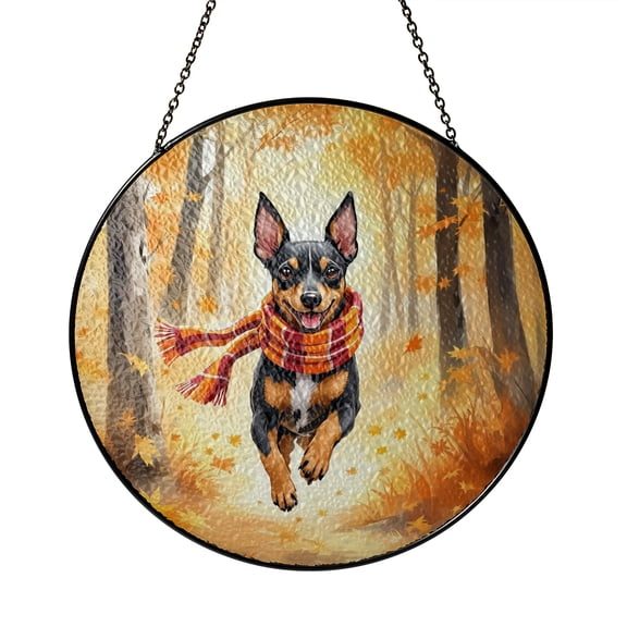 Welcome Fall Miniature Pinscher Strolling Through the Autumn Maple Forest Stained Glass Suncatcher Mini Pin Dog Lover Window Hanging Sign Decor - 12012