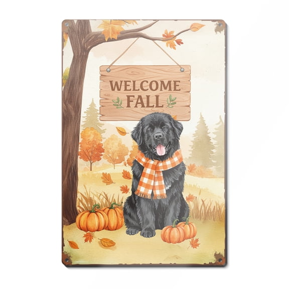 Welcome Fall Newfoundland Cozy Autumn Field Pumpkins Golden Leaves Vertical Metal Aluminum Sign Newfie Dog Lover Gifts Wall Art Home Decor - 12013