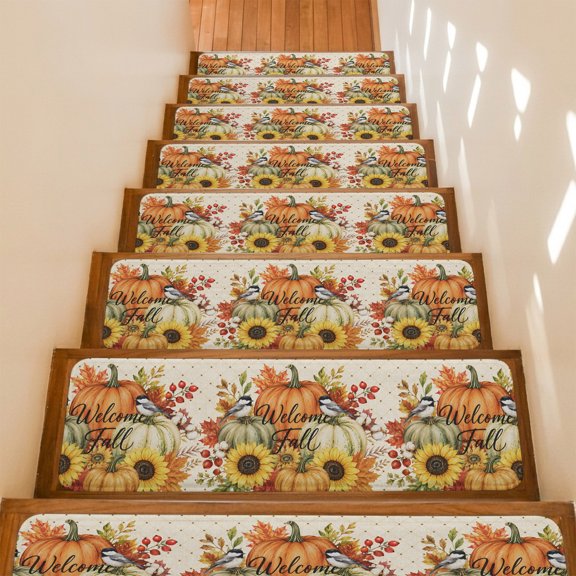 Welcome Fall Non-Slip Stair Treads for Wooden Steps, 15 Pack 8x30 Inches Carpet Stair Mats with Adhesive Backing, Noise-Reducing Step Covers for Indoor Stairs, Easy to Install & Residue-Free