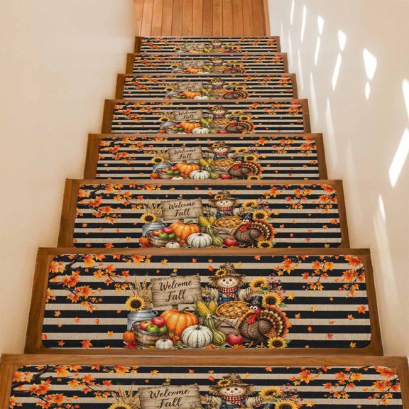 Welcome Fall Non-Slip Stair Treads for Wooden Steps, 4 Pack 8x30 Inches Carpet Stair Mats with Adhesive Backing, Noise-Reducing Step Covers for Indoor Stairs, Easy to Install & Residue-Free