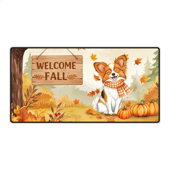 Welcome Fall Papillon Cozy Autumn Field Pumpkins Golden Leaves Desk Mat Full Keyboard Mouse Pad Pap Butterfly Dog Lover Large Mousepad - 12013
