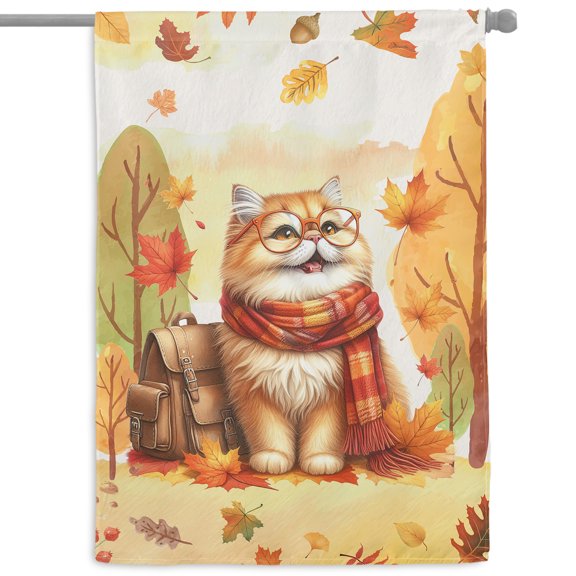 Welcome Fall Persian Enjoys School Time Autumn Fall Leaves House Flag 28x40in Double Sided Cat Lover Kitten Owner Gifts Outdoor Decor - 02013