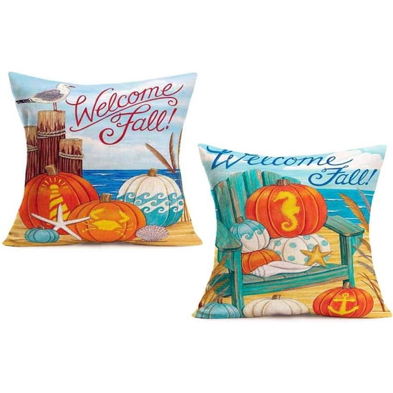 Welcome Fall Pillow Covers Cotton Linen Ocean Beach Theme Sea Starfish Seahorse Anchor Pattern with Pumpkin Bird Decorative Throw Pillow Case Fall Farmhouse Cushion Cover 18"x18" Set of 2 (Wfall-p)