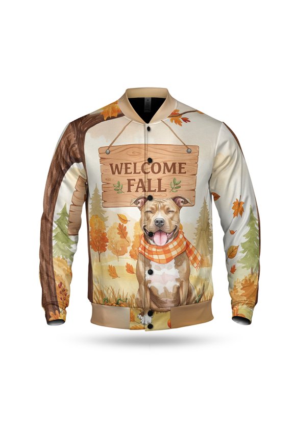 Welcome Fall Pitbull Cozy Autumn Field Pumpkins Golden Leaves All Over Print 3D Baseball Jacket Terrier Dog Lover Bomber Jacket Softball - 12013