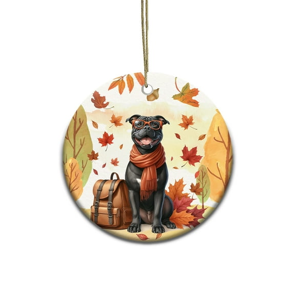 Welcome Fall Pitbull Enjoys School Time Autumn Fall Leaves Ceramic Round Ornament Terrier Dog Lover Home Tree Decor - 02013