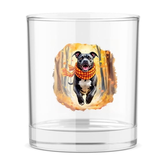Welcome Fall Pitbull Strolling Through the Autumn Maple Forest 11oz Whiskey Glass Mug Terrier Dog Lover Whiskey Cocktail Glasses Cup - 12012