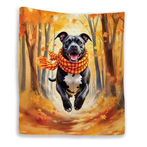 Welcome Fall Pitbull Strolling Through the Autumn Maple Forest Quilt Blanket Terrier Dog Lover Cozy Comforter Throw Blanket - 12012