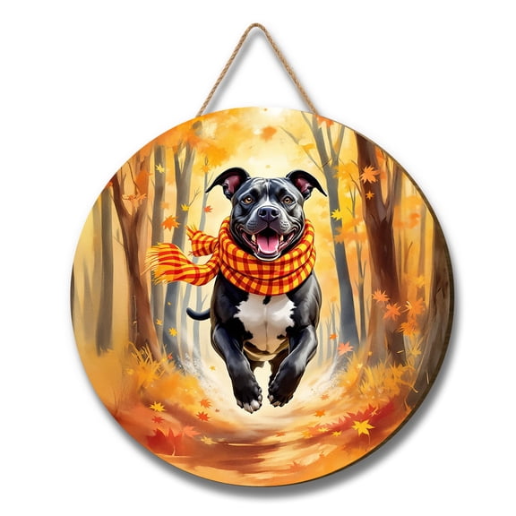 Welcome Fall Pitbull Strolling Through the Autumn Maple Forest Round Wood Sign Terrier Dog Lover Hanging Wall Home Decor - 12012