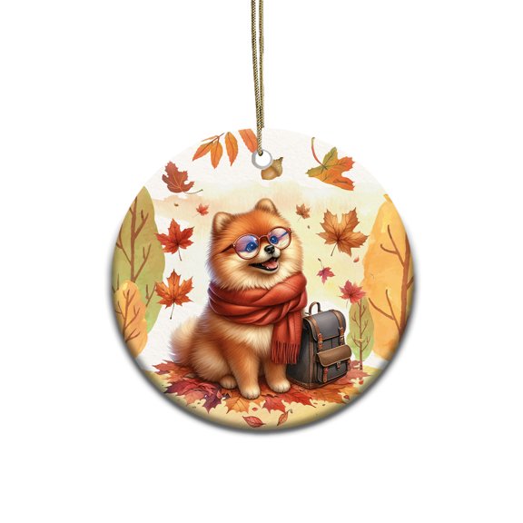 Welcome Fall Pomeranian Enjoys School Time Autumn Fall Leaves Ceramic Round Ornament Pom Dog Lover Gifts Home Tree Decor - 02013