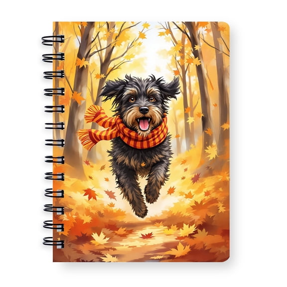 Welcome Fall Portuguese Water Dog Strolling Through the Autumn Maple Forest Spiral Bound Journal PWD Portie Fishing Dog Lover 5x7in Spiral Notebook - 12012