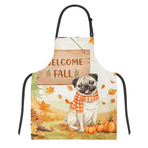 Welcome Fall Pug Cozy Autumn Field Pumpkins Golden Leaves Apron Dog Lover Gifts for Cooking Grilling Baking Painting Gardening - 12013