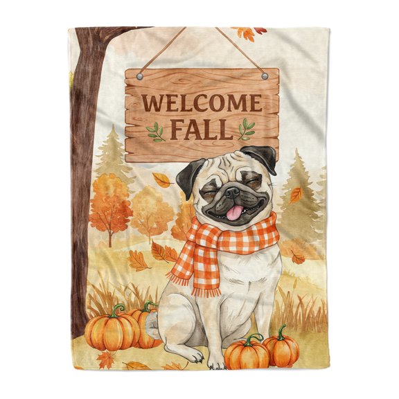Welcome Fall Pug Cozy Autumn Field Pumpkins Golden Leaves Cozy Fleece Blanket Dog Lover Gifts Warm Soft Throw Blanket - 12013