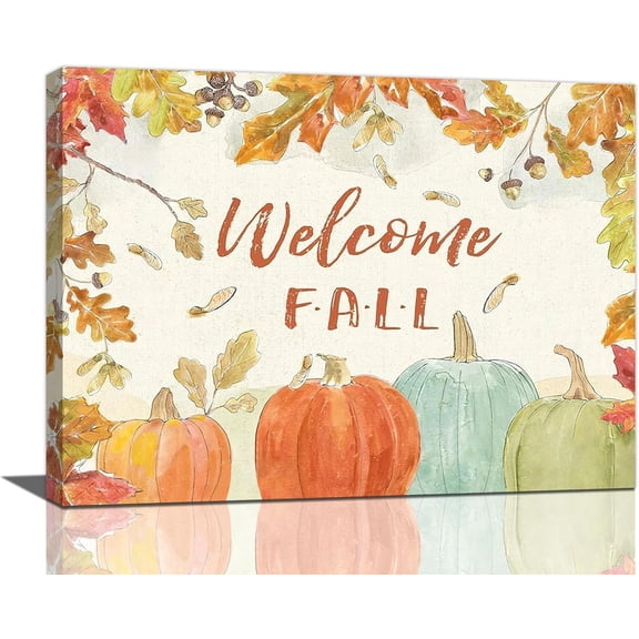 Welcome Fall Pumpkin Decor Wall Art Farmhouse Rustic Autumn Leaves Pictures Wall Decor Thanksgiving Day Gift Canvas Painting Prints Artwork Decorations Framed for Bathroom Bedroom Kitchen Room 16"x12"