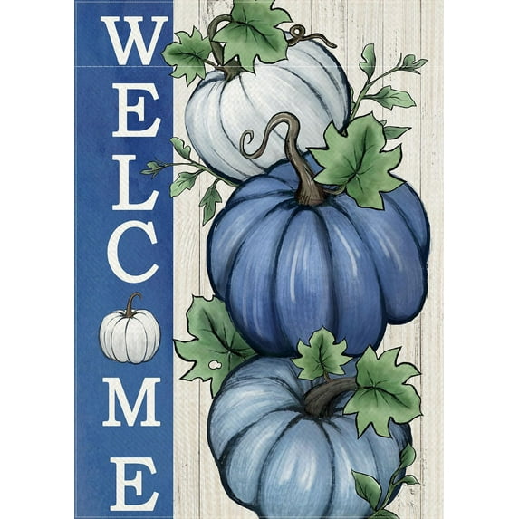 Welcome Fall Pumpkin Decorative Garden Flag, Autumn Blue White Pumpkin Farmhouse Yard Outside Decorations, Thanksgiving Rustic Burlap Outdoor Small Home Decor Double Sided 12.5x18