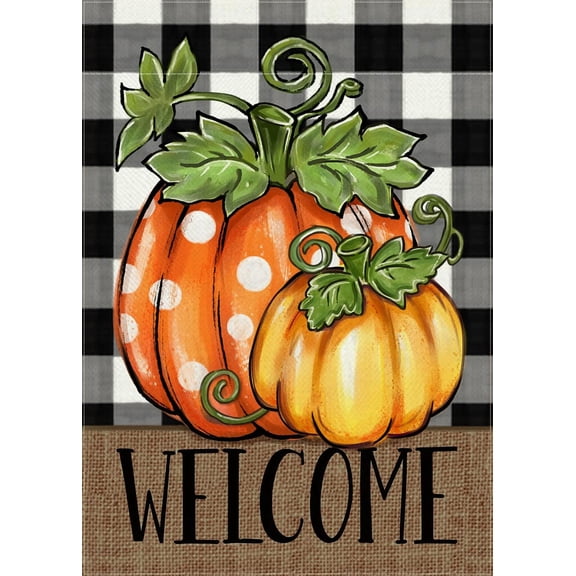 Welcome Fall Pumpkin Decorative Garden Flag, Autumn Buffalo Plaid Check Farmhouse Seasonal Yard Outside Decorations, Thanksgiving Polka Dots Outdoor Small Home Decor Double Sided 12 x 18