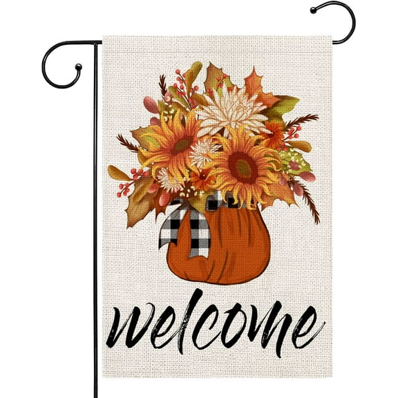 Welcome Fall Pumpkin Garden Flag 12.5x18 Inch Small Double Sided Burlap Flags For Outside Buffalo Check Plaid Outdoor Seasonal Decor For Yard