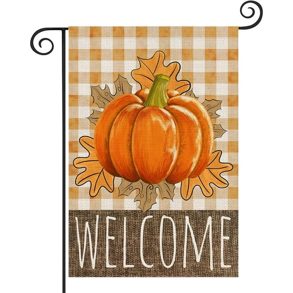 Welcome Fall Pumpkin Garden Flag Vertical Double Sided 12.5x18 Autumn Maple Leaves Orange Buffalo Plaid Seasonal Holiday Thanksgiving Farmhouse Decoration Yard Flags Outdoor