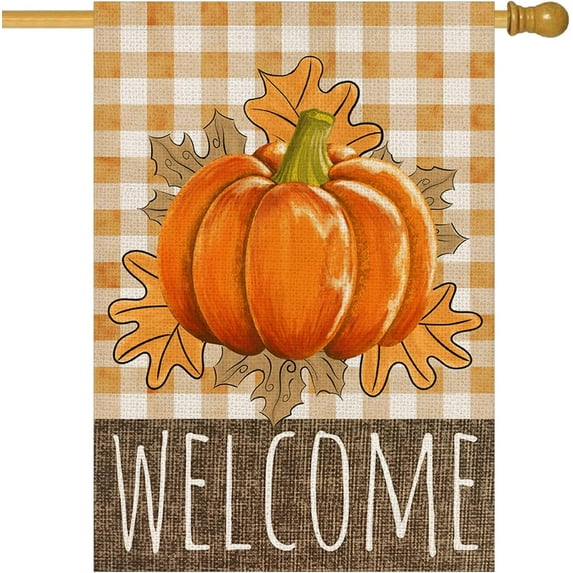 Welcome Fall Pumpkin House Flag Double Sided 28x40 Inch Autumn Maple Leaves Orange Buffalo Plaid Seasonal Holiday Thanksgiving Farmhouse Decoration Outdoor Flags