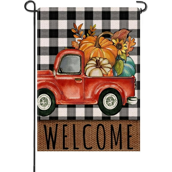 Welcome Fall Pumpkin Red Truck Small Decorative Garden Flag, Autumn Buffalo Plaid Check Farmhouse Yard Lawn Outside Decor, Thanksgiving Burlap Outdoor Home Decoration Double Sided 12 x 18