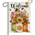thumbnail image 1 of Welcome Fall Pumpkin Sunflower Garden Flag Double Sided, Autumn Harvest Mason Jar Scarecrow Decorative Yard Outdoor Home Small Decor, Maple Leaves Crow Burlap Outside House Decoration 12.5 x 18, 1 of 6