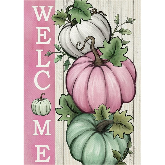 Welcome Fall Pumpkins Decorative Garden Flag, Autumn Pink White Teal Pumpkin Farmhouse Yard Outside Decorations, Thanksgiving Rustic Burlap Outdoor Small Home Decor Double Sided 12.5x18