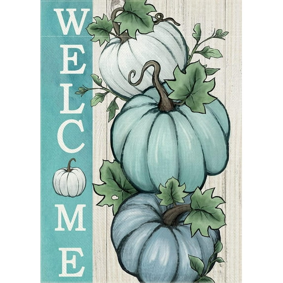 Welcome Fall Pumpkins Decorative Garden Flag, Autumn White Teal Pumpkin Farmhouse Yard Outside Decorations, Thanksgiving Seasonal Burlap Outdoor Small Home Decor Double Sided 12 x 18