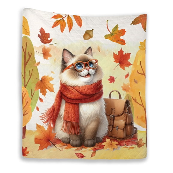 Welcome Fall Ragdoll Enjoys School Time Autumn Fall Leaves Quilt Blanket Cat Lover Kitten Owner Gifts Idea Cozy Comforter Throw Blanket - 02013