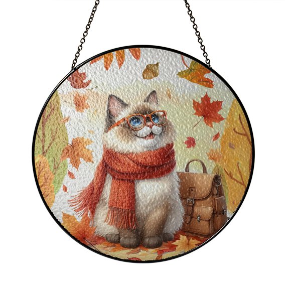 Welcome Fall Ragdoll Enjoys School Time Autumn Fall Leaves Stained Glass Suncatcher Cat Lover Kitten Owner Gifts Idea Window Hanging Sign Decor - 02013