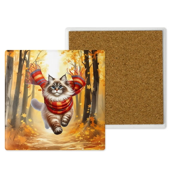 Welcome Fall Ragdoll Strolling Through Autumn Maple Forest Set of 4 Stone Coasters Cat Lover Kitten Owner Gifts Idea 4x4in Absorbent Soapstone Coaster - 12012