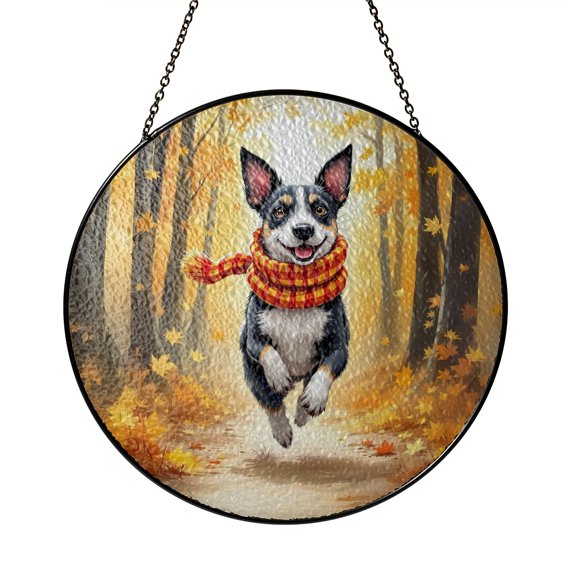 Welcome Fall Rat Terrier Strolling Through Autumn Maple Forest Stained Glass Suncatcher Ratty Dog Lover Window Hanging Sign Decor - 12012