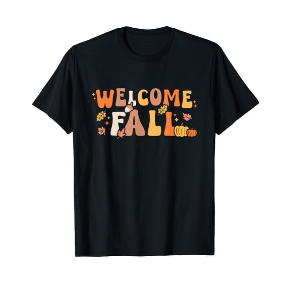 Welcome Fall Retro Hello Autumn Season Leaves Black T-Shirt