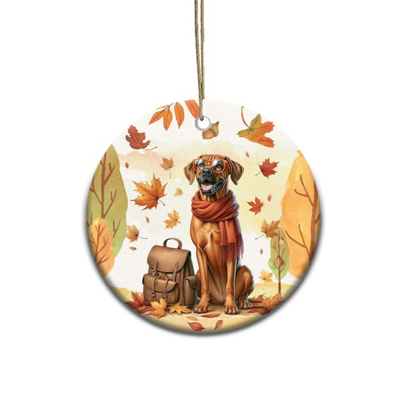 Welcome Fall Rhodesian Ridgeback Enjoys School Time Autumn Fall Leaves Ceramic Round Ornament Ridgebacks Dog Lover Gifts Home Tree Decor - 02013