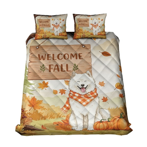 Welcome Fall Samoyed Cozy Autumn Field Pumpkins Golden Leaves Quilt Bedding Set Siberian Sammy Dog Lover 1 Blanket Bed Cover 2 Pillowcases - 12013