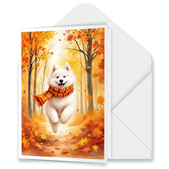 Welcome Fall Samoyed Strolling Through the Autumn Maple Forest 5x7in Folded Greeting Card Siberian Sammy Dog Lover Single Note Card with Envelope - 12012