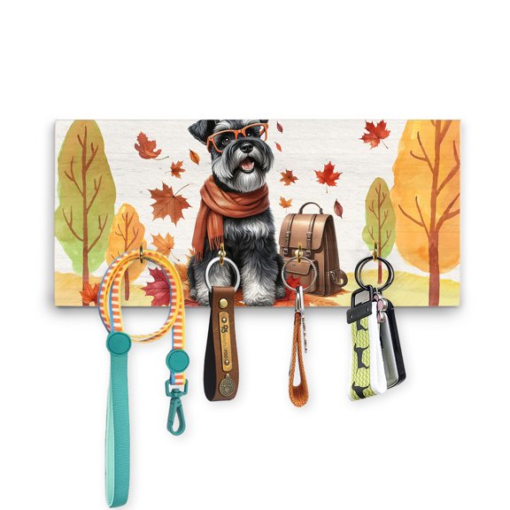 Welcome Fall Schnauzer Enjoys School Time Autumn Fall Leaves Wood Key Holder Miniature Schnauzer Dog Lover Wall-mounted Key Rack Home Decor - 02013