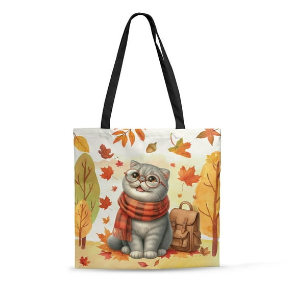 Welcome Fall Scottish Fold Enjoys School Time Autumn Fall Leaves All Over Print 3D Canvas Tote Bag Cat Lover Kitten Owner Gifts Reusable Handbag - 02013