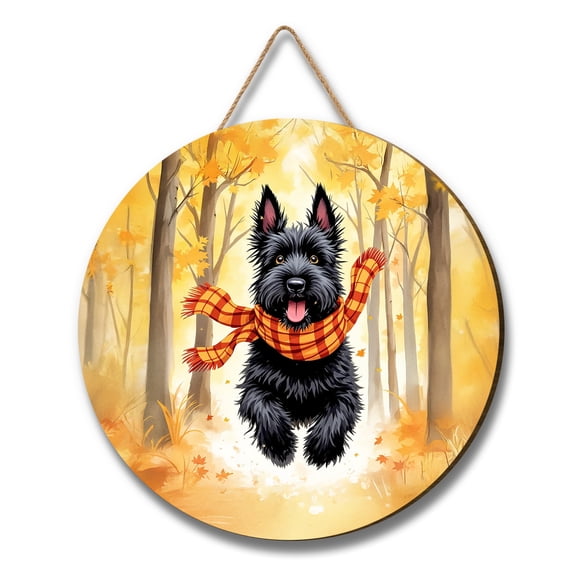 Welcome Fall Scottish Terrier Strolling Through the Autumn Maple Forest Round Wood Sign Scottie Dog Lover Gifts Hanging Wall Home Decor - 12012