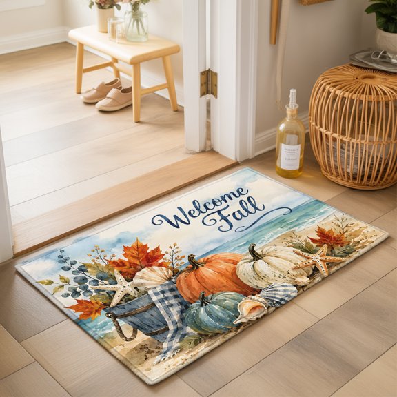Welcome Fall Script 2'x3' Small Rugs for Entryway Front Door Kitchen Sink Area, Coastal Pumpkin Seashells Maple Leaf Beach Soft Sturdy Mats Washable Non Slip Rectangle Area Rug