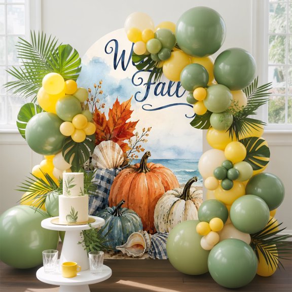 Welcome Fall Script Arch Backdrop Cover, 4FT, Coastal Pumpkin Seashells Maple Leaf Beach Spandex Arch Covers Double-Sided Backdrop for Wedding Birthday Party Photo Background Decoration