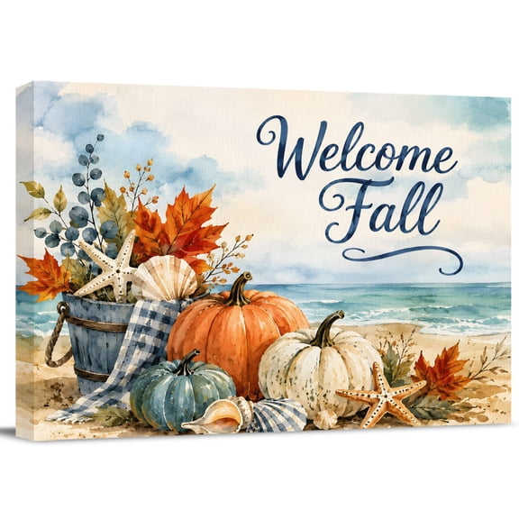 Welcome Fall Script Canvas Print Wall Art, Coastal Pumpkin Seashells Maple Leaf Beach Wall Decor Modern Artwork Paintings Pictures for Living Room Stretched and Framed Ready to Hang - 24" x 32"
