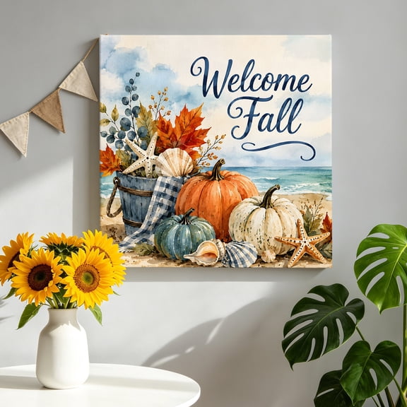 Welcome Fall Script Canvas Wall Art for Living Room, Coastal Pumpkin Seashells Maple Leaf Beach Poster Print Painting for Bedroom Office Home Decoration Wall Pictures Prepare To Hang 8"x8"