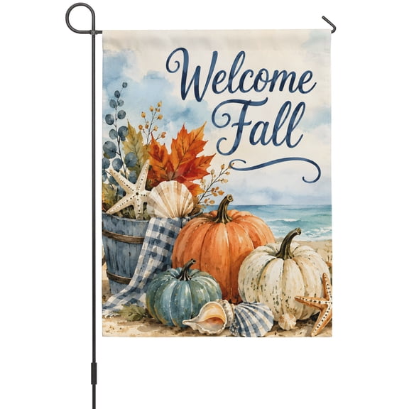 Welcome Fall Script Garden Flag 12x18 Inch Coastal Pumpkin Seashells Maple Leaf Beach Double Sided Outdoor Garden Flags Welcome House Flag Decorative Yard Flags for Outside Holiday Decoration