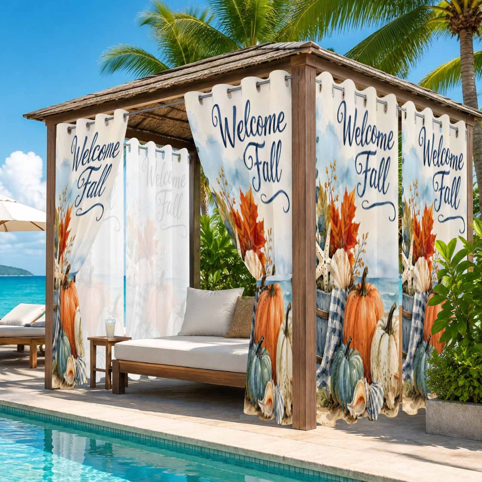 Welcome Fall Script Outdoor Curtains for Patio, Coastal Pumpkin ...